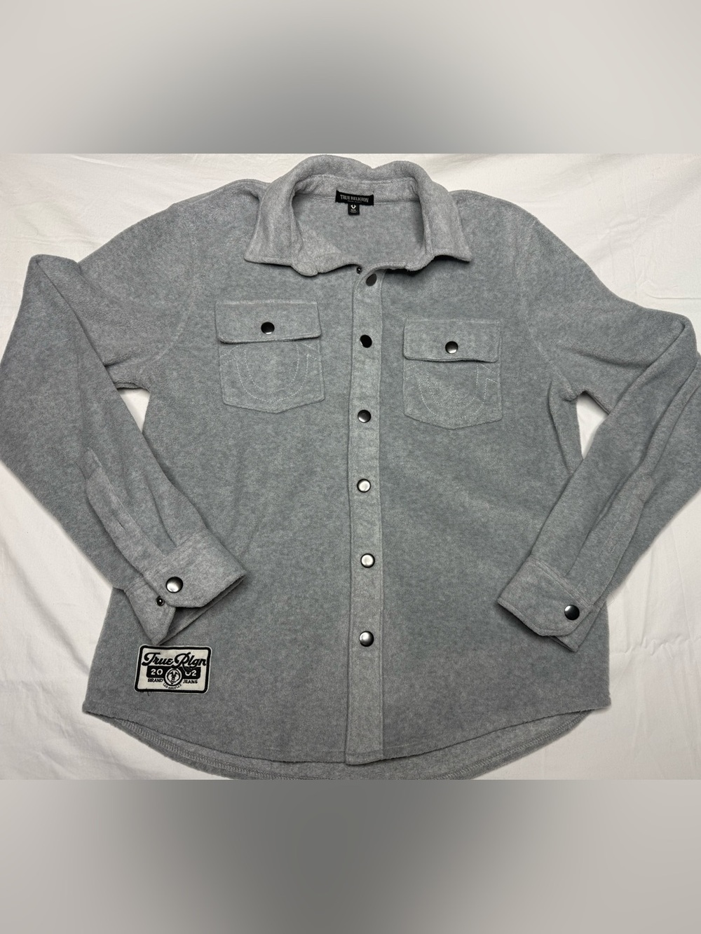 True Religion Polar Fleece Shacket Men’s M Gray Snap Front Horseshoe Logo